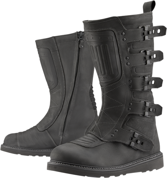 Black ICON Elsinore 2 CE motorcycle riding boots in size 13, featuring durable design and protective features for motorcycle riders.
