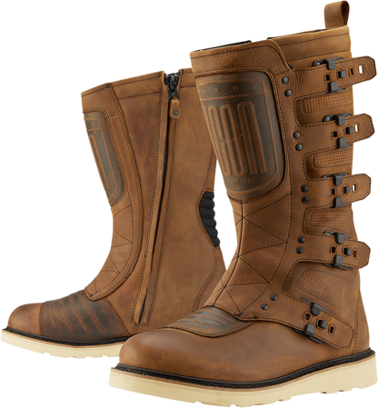 ICON Elsinore 2 CE motorcycle boots in brown, size 11.5, with protective safety features and durable riding footwear design.