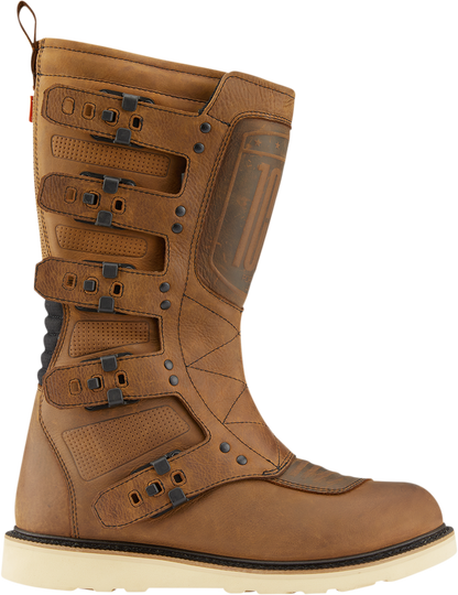 ICON Elsinore 2 CE motorcycle boots in brown, size 11.5, featuring durable construction and safety features for riding.