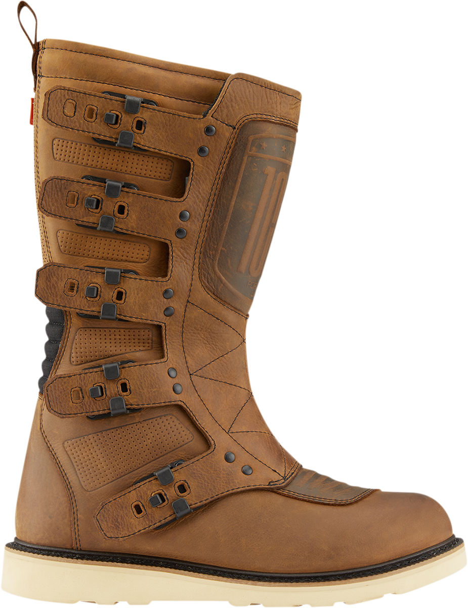 ICON Elsinore 2™ CE motorcycle boots in brown, size 12, featuring rugged leather construction and protective features.