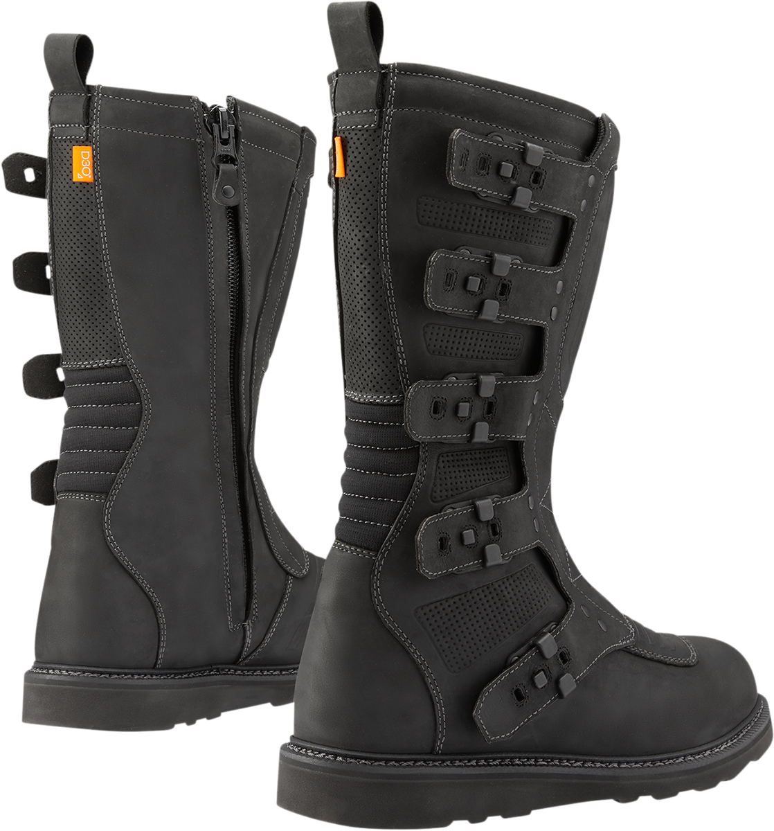 ICON Elsinore 2 CE motorcycle boots in black leather with impact protection, size 7, designed for durability and rider safety.