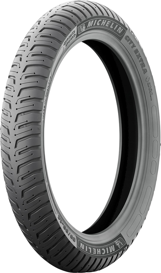 Michelin City Extra 2.75-17 bike tire, front and rear, showing tread pattern and sidewall details for urban cycling.