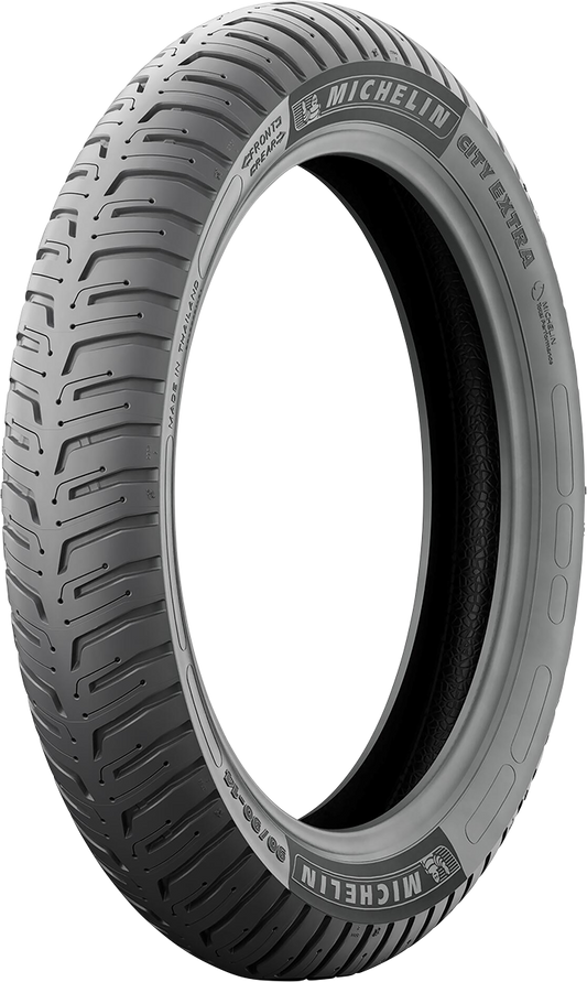 Michelin City Extra 2.75-17 bike tire, front and rear, showing tread pattern and sidewall details for urban cycling.