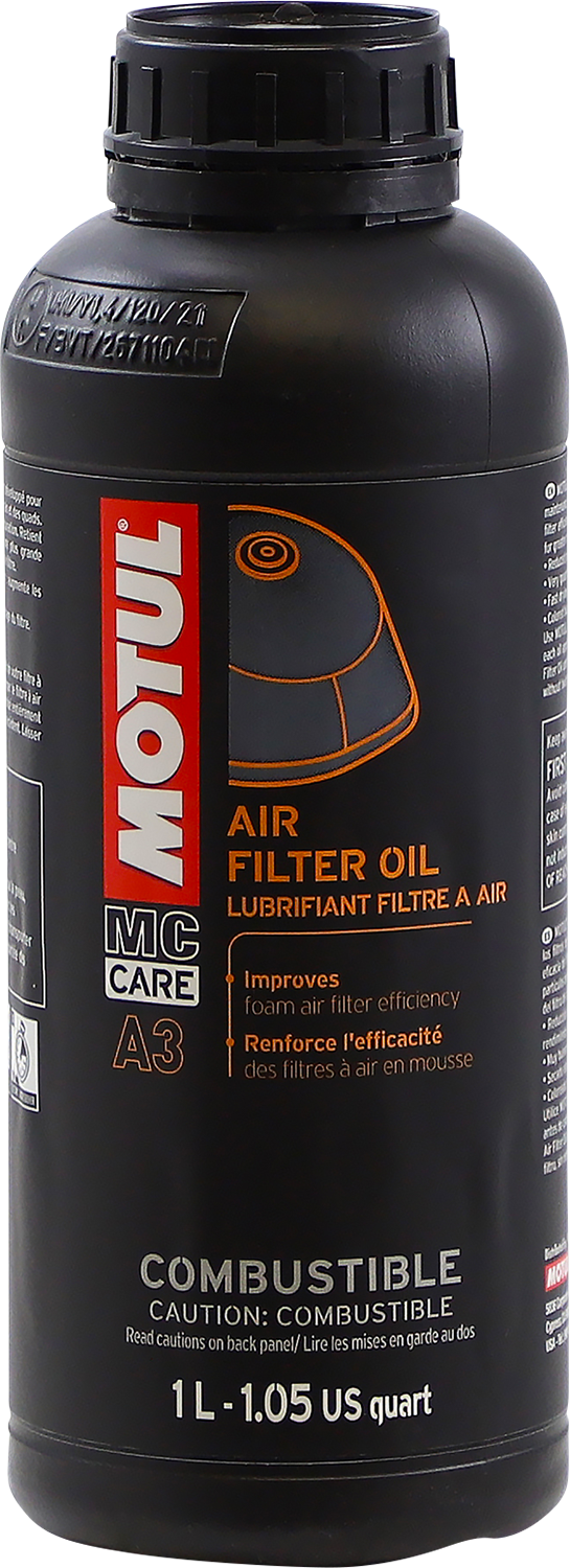 MOTUL Air Filter Oil 1L bottle, used for enhancing engine protection by cleaning and maintaining air filters in vehicles.