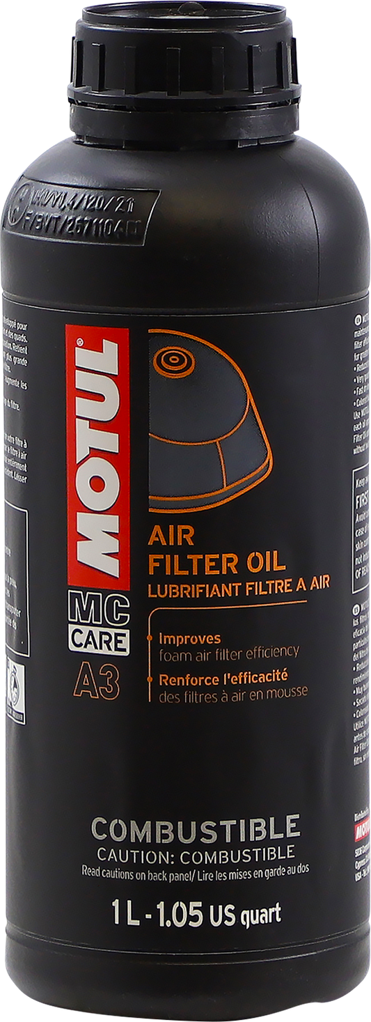 MOTUL Air Filter Oil 1L bottle, used for enhancing engine protection by cleaning and maintaining air filters in vehicles.