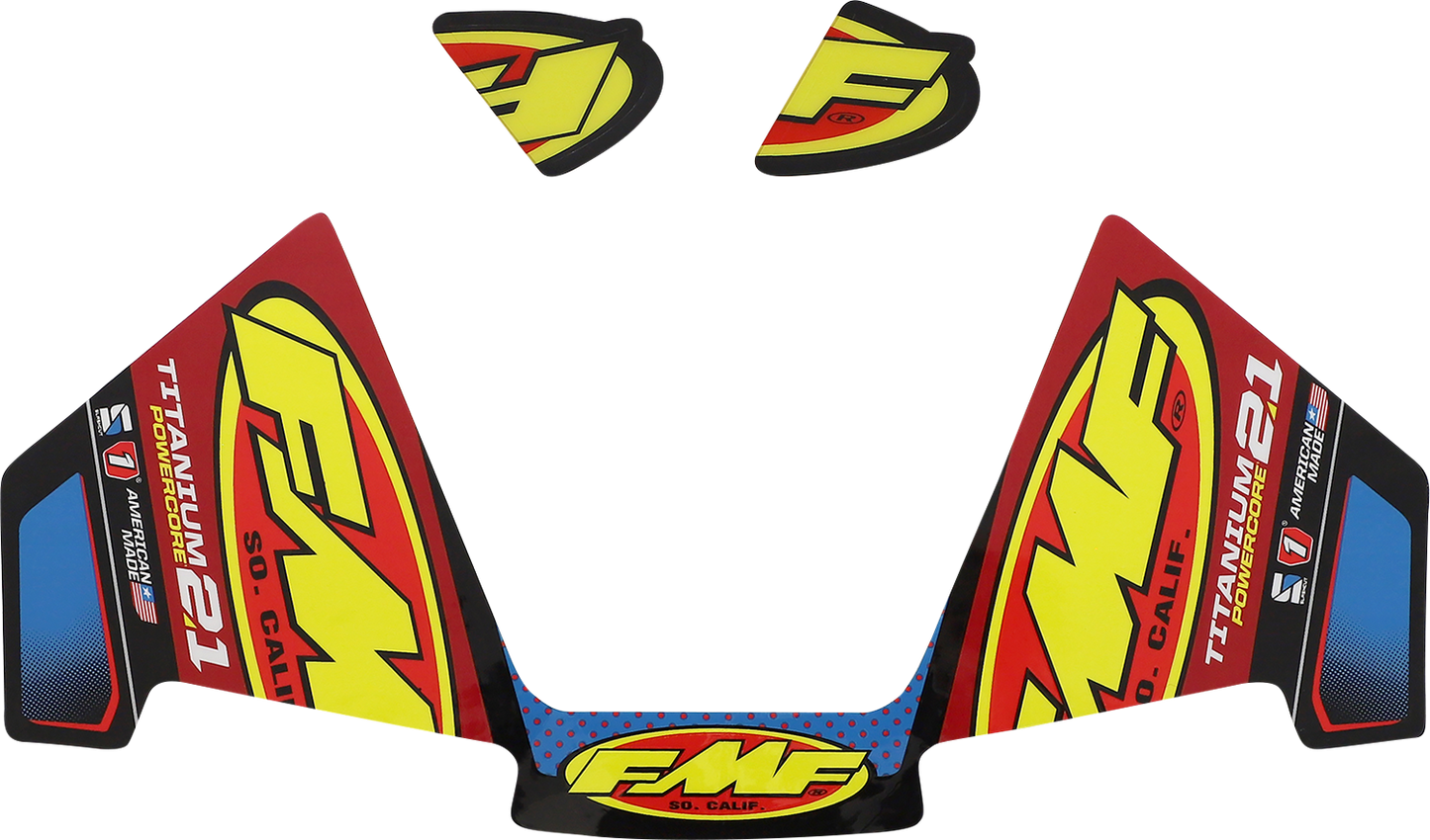 FMF Titanium Powercore 2.1 exhaust replacement decal with part number 014950, featuring FMF branding on a motorcycle exhaust.