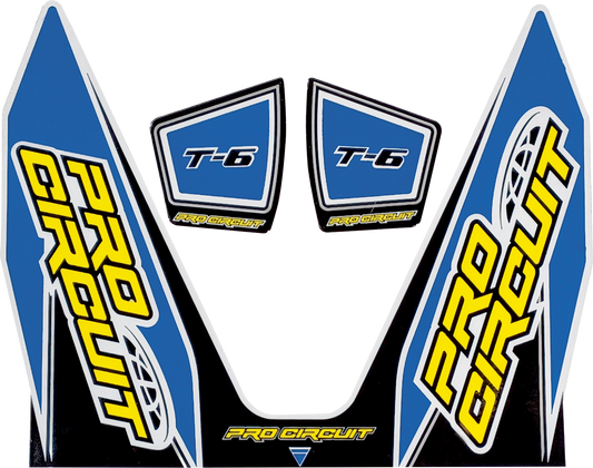 Light blue PRO CIRCUIT T-6 decal for exhaust customization, featuring bold lettering and sleek design on a transparent background.