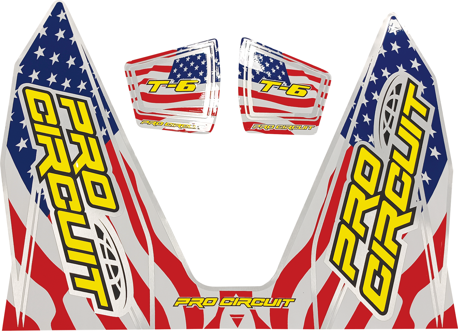 Pro Circuit T-6 Decal with Stars and Stripes design for motorcycle exhausts, featuring bold graphics and vibrant colors.