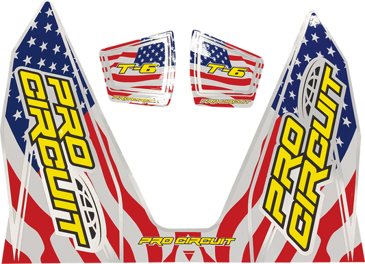 Pro Circuit T-6 Decal with Stars and Stripes design for motorcycle exhausts, featuring bold graphics and vibrant colors.