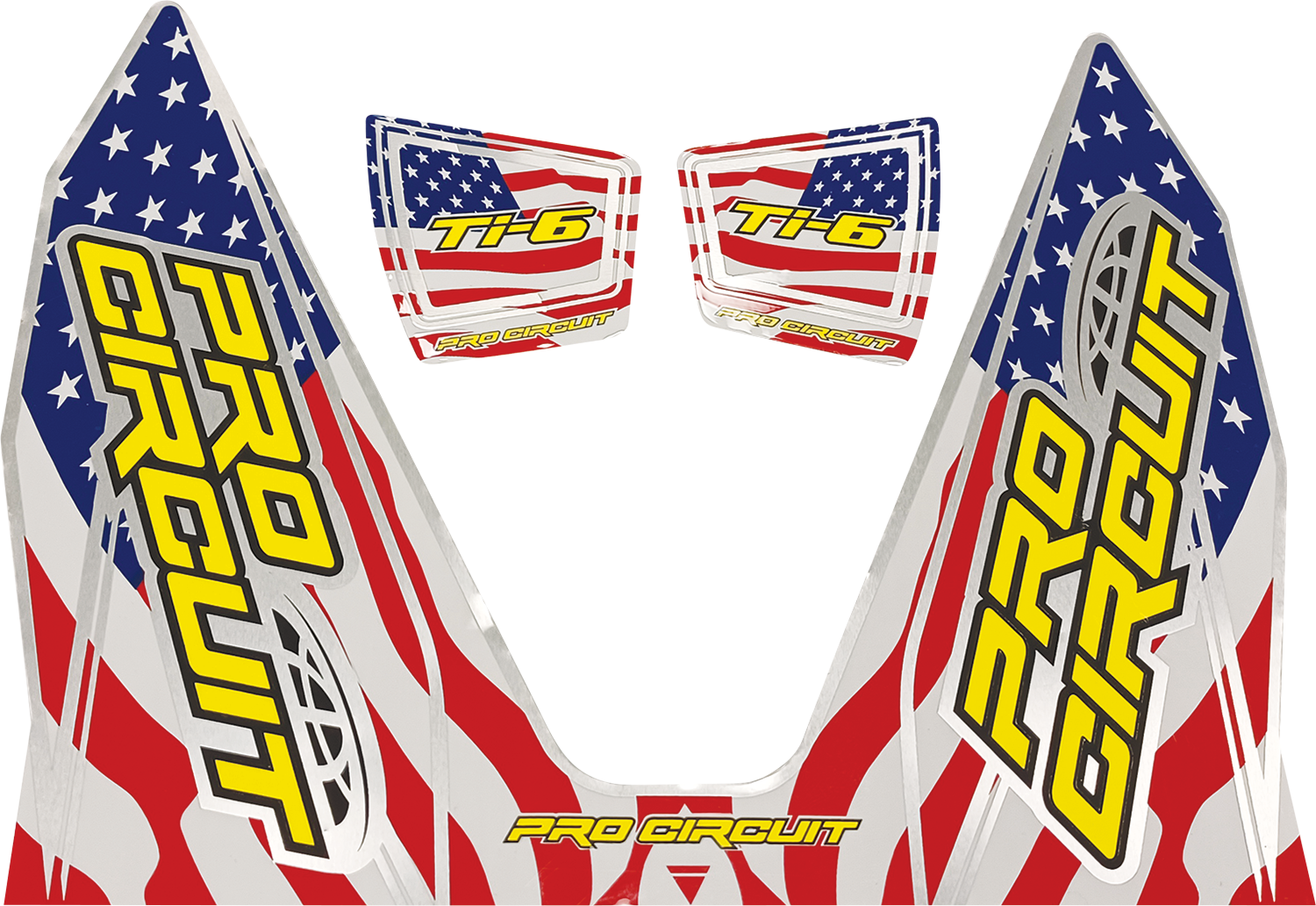 PRO CIRCUIT Ti-6 Decal with stars and stripes design for motorcycle exhaust system enhancement, featuring bold graphics and branding.