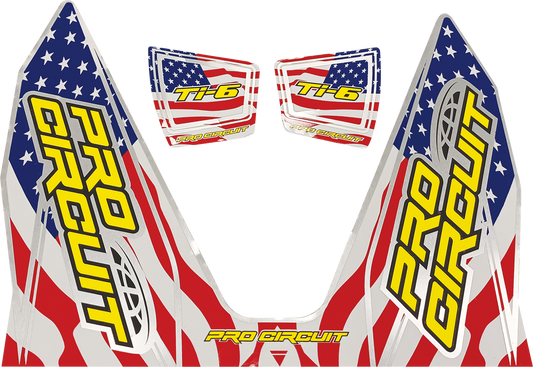 PRO CIRCUIT Ti-6 Decal with stars and stripes design for motorcycle exhaust system enhancement, featuring bold graphics and branding.