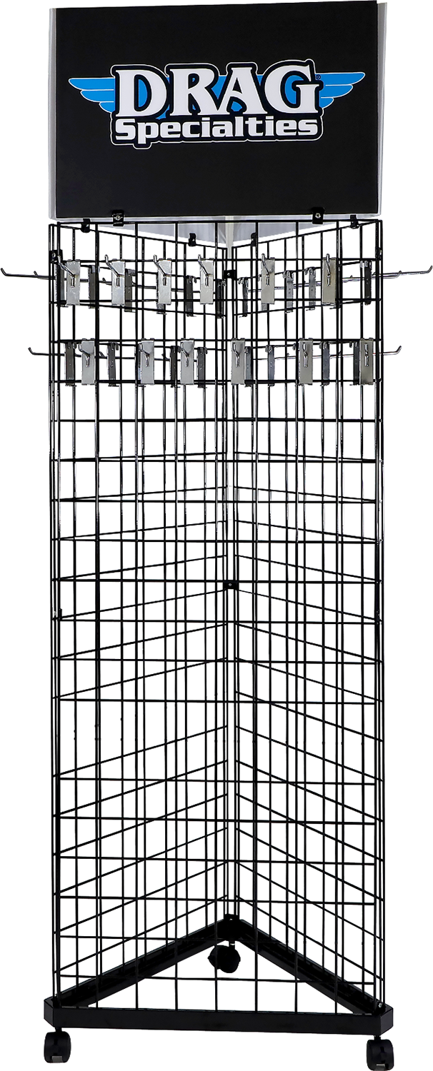 Drag Specialties Pop Floor Display X80-6026 for motorcycle parts and accessories, showcasing organized hardware and product samples.