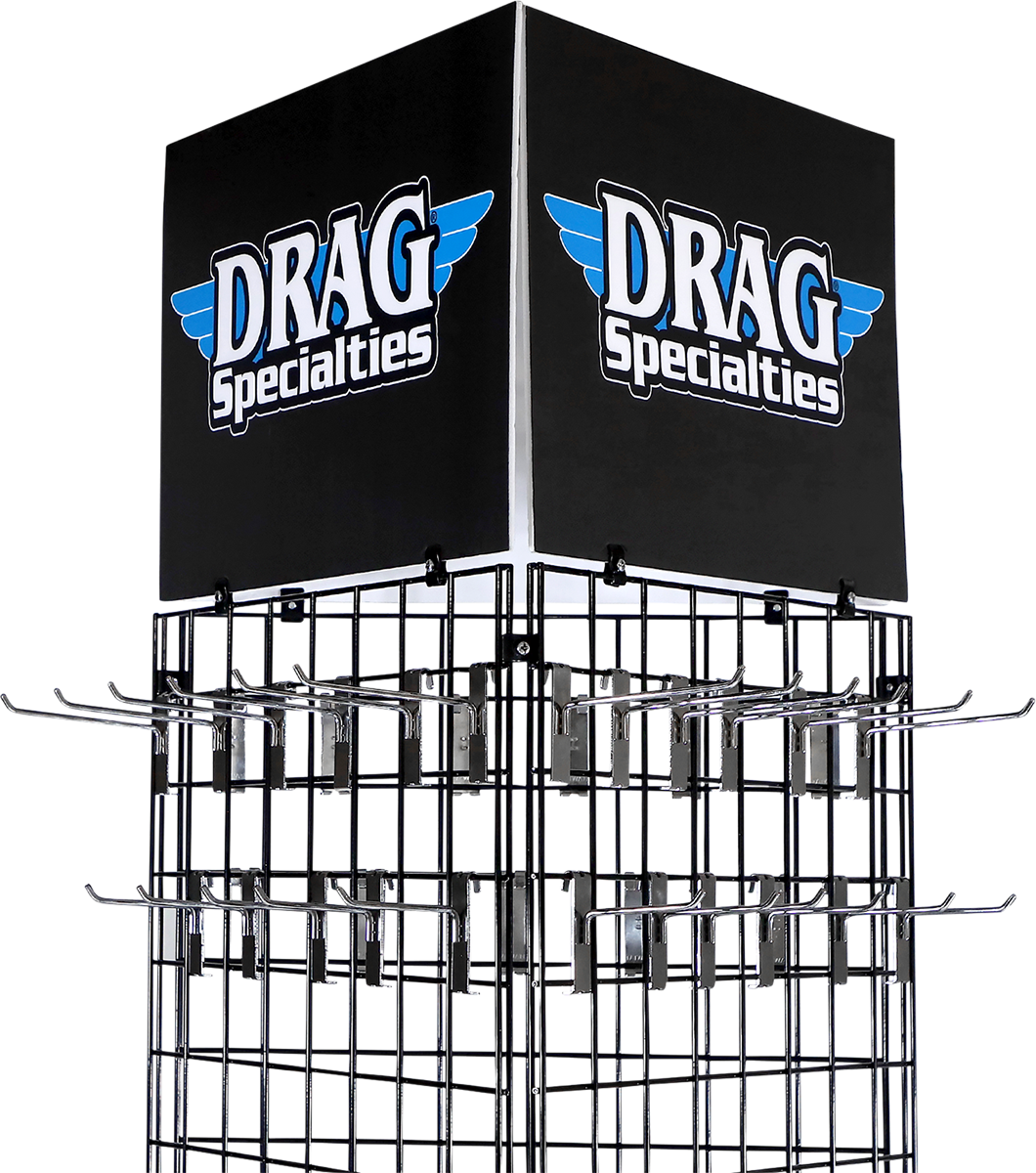 Drag Specialties Pop Floor Display X80-6026 for motorcycle parts and accessories, featuring organized motorcycle components on a display stand.