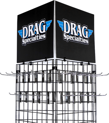 Drag Specialties Pop Floor Display X80-6026 for motorcycle parts and accessories, featuring organized motorcycle components on a display stand.