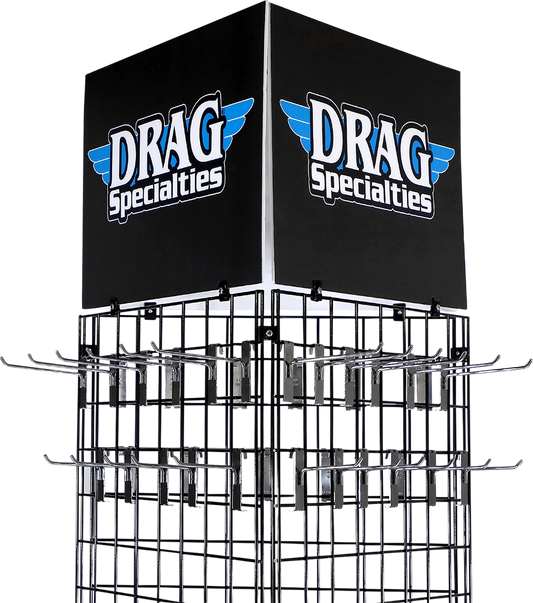 Drag Specialties Pop Floor Display X80-6026 for motorcycle parts and accessories, featuring organized motorcycle components on a display stand.
