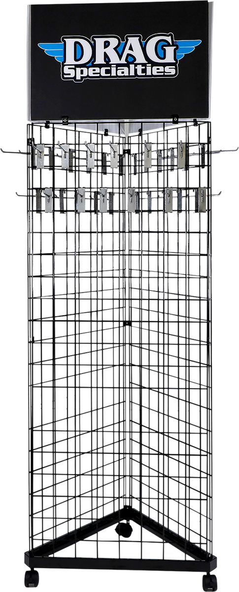 Drag Specialties Pop Floor Display with motorcycle parts and accessories, showcasing various components on a sturdy stand.
