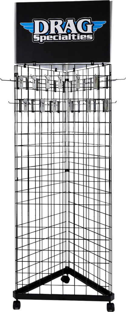 Drag Specialties Pop Floor Display with motorcycle parts and accessories, showcasing various components on a sturdy stand.