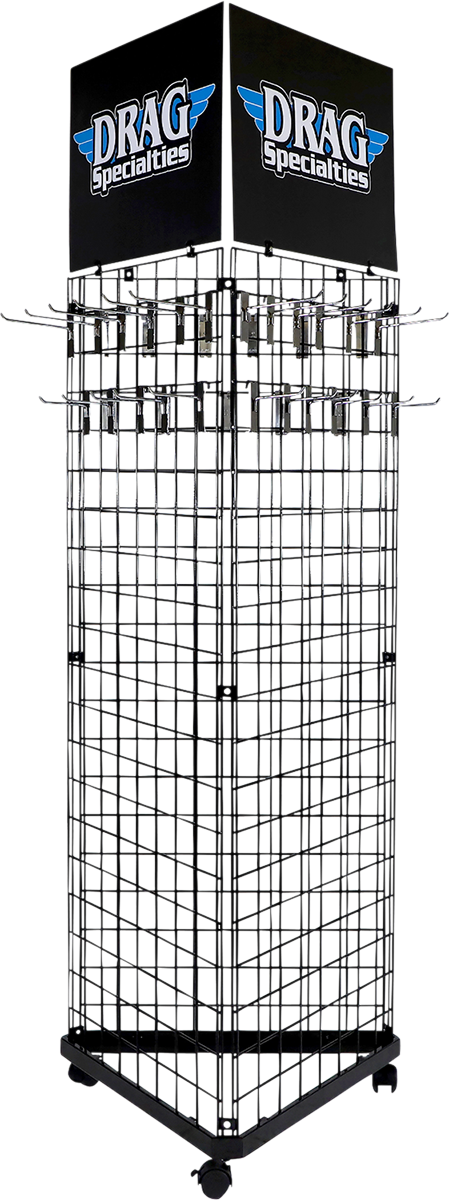 Drag Specialties Pop floor display for motorcycle parts and accessories, featuring various tools and gear on a stand.