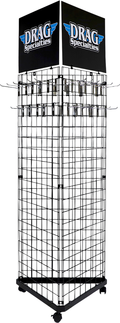 Drag Specialties Pop floor display for motorcycle parts and accessories, featuring various tools and gear on a stand.