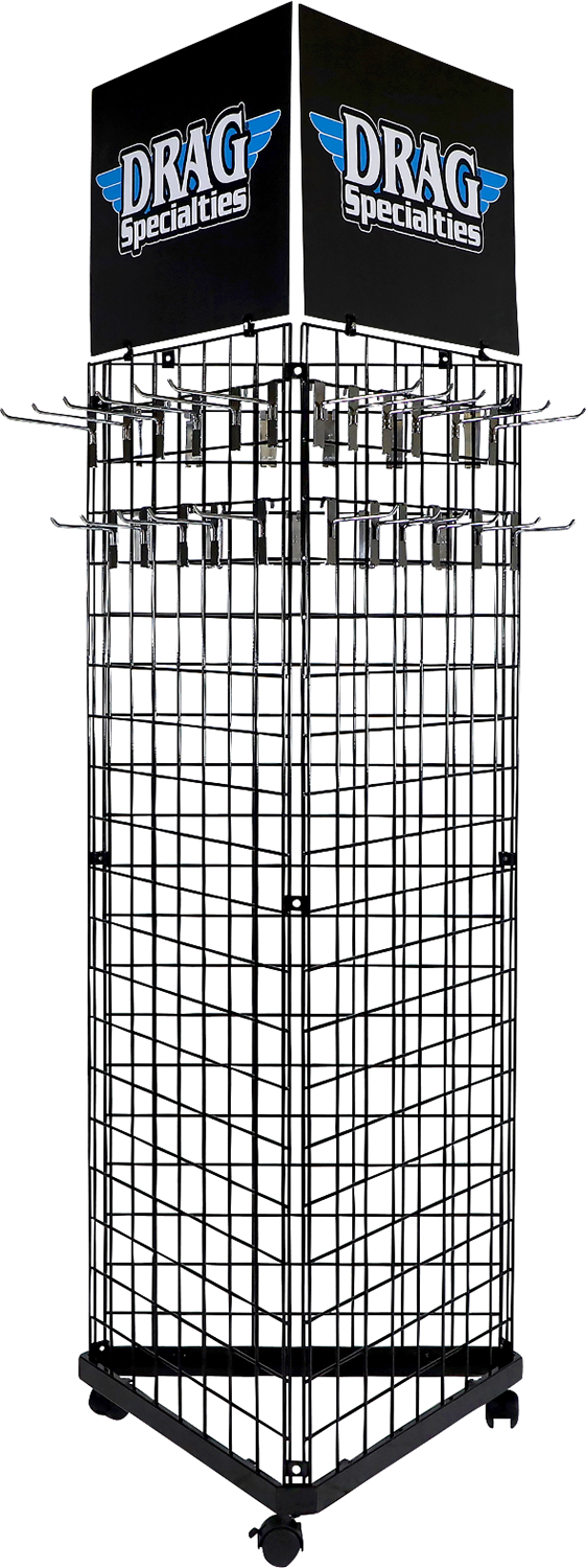 Drag Specialties Pop Floor Display X80-6026 for motorcycle parts and accessories, featuring organized shelves with various tools and parts.