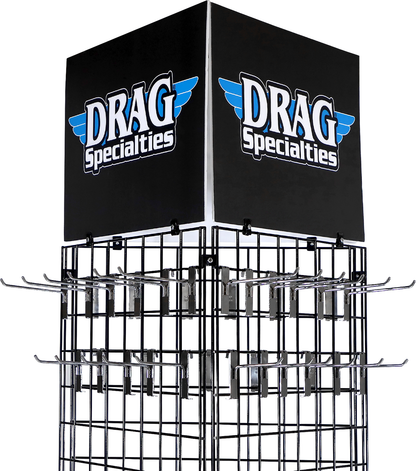 Drag Specialties Pop Floor Display with motorcycle parts and accessories, featuring organized DRAG SPECIALTIES branding.