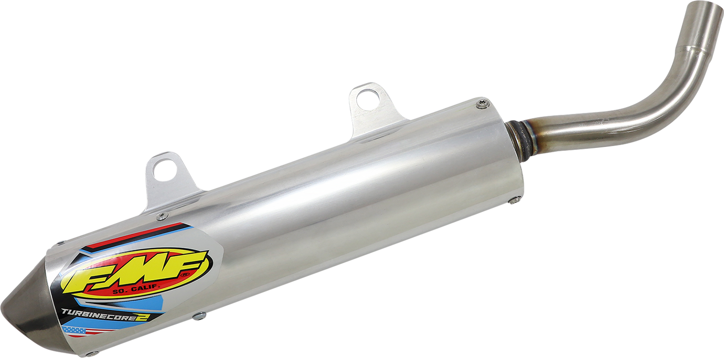 FMF Turbinecore 2 muffler with spark arrestor canister and stainless steel end cap, designed for off-road motorcycles.