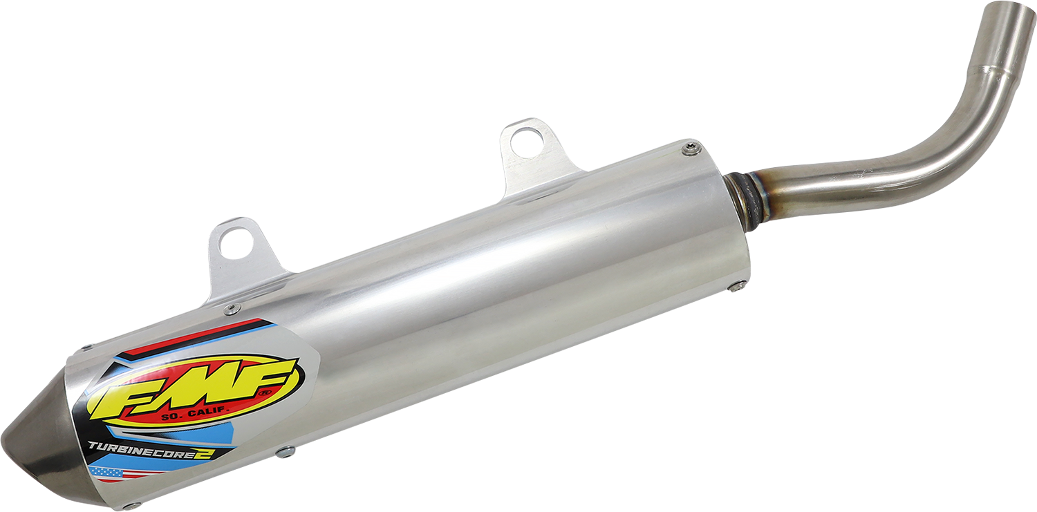 FMF Turbinecore 2 muffler with spark arrestor canister and stainless steel end cap, designed for off-road motorcycles.