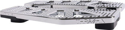 Chrome floorboards for Harley-Davidson touring bikes, designed by THRASHIN SUPPLY CO., shown on a motorcycle in the image.