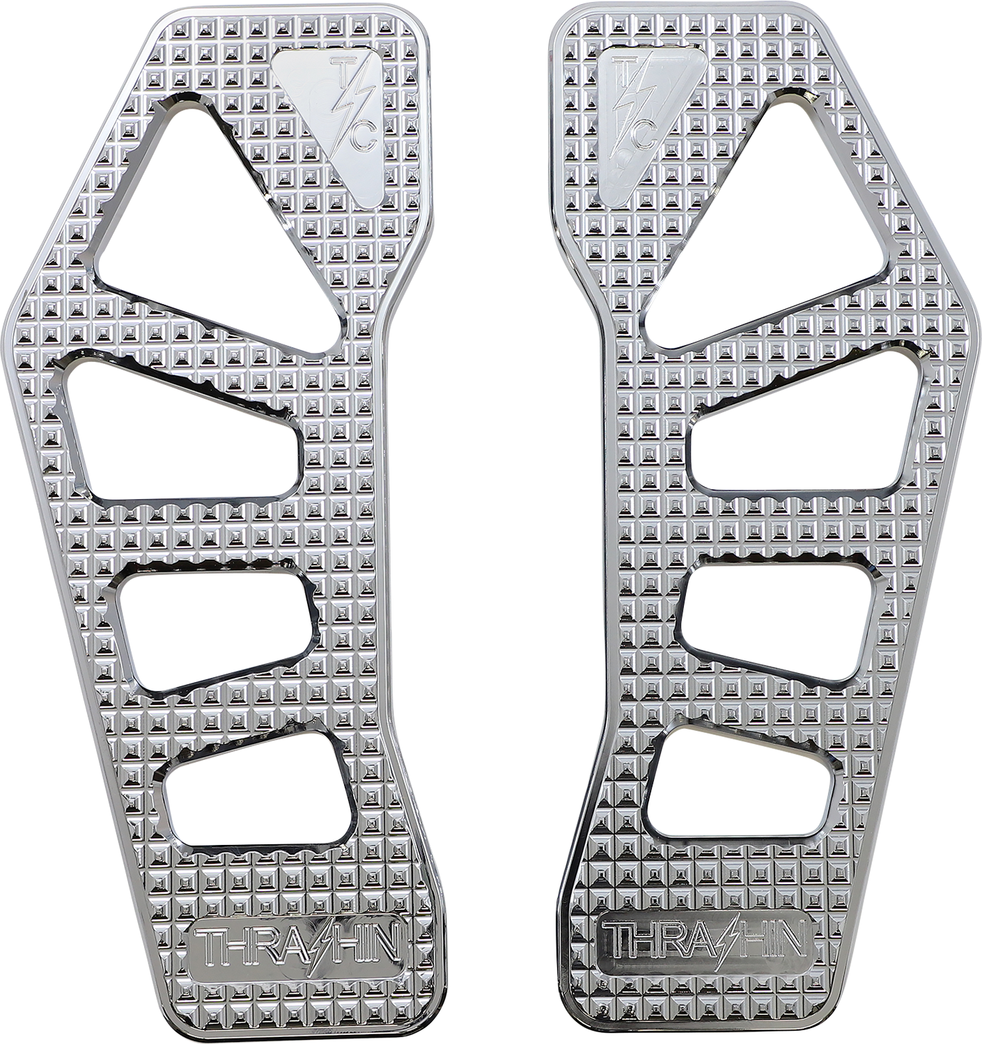 Chrome Apex Floorboards for Harley-Davidson Touring Models by THRASHIN SUPPLY CO. with textured foot surface and mounting hardware.