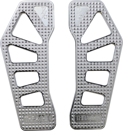 Chrome Apex Floorboards for Harley-Davidson Touring Models by THRASHIN SUPPLY CO. with textured foot surface and mounting hardware.