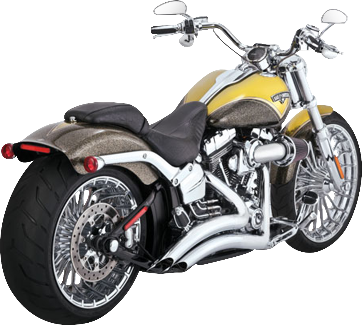 Vance & Hines Big Radius exhaust system with chrome finish for motorcycles, featuring dual pipes and chrome detailing.