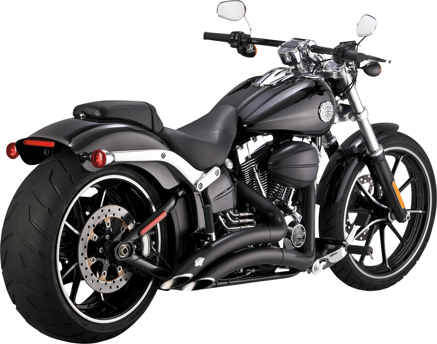 Vance & Hines Big Radius exhaust system in black with PCX™ technology, featuring chrome tips and mounting hardware.
