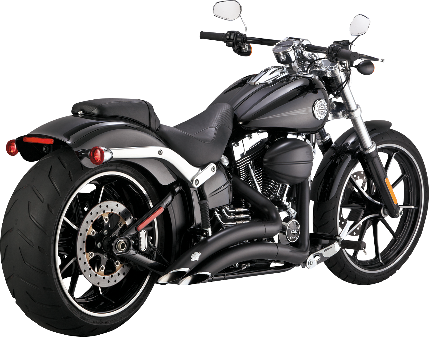 Vance & Hines Big Radius exhaust system in black with PCX™ technology, featuring chrome tips and mounting hardware.