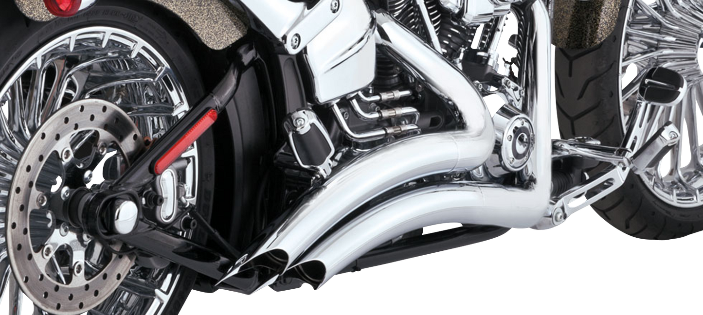 Vance & Hines Big Radius exhaust system with chrome finish, featuring dual pipes and sleek chrome detailing on motorcycle exhaust