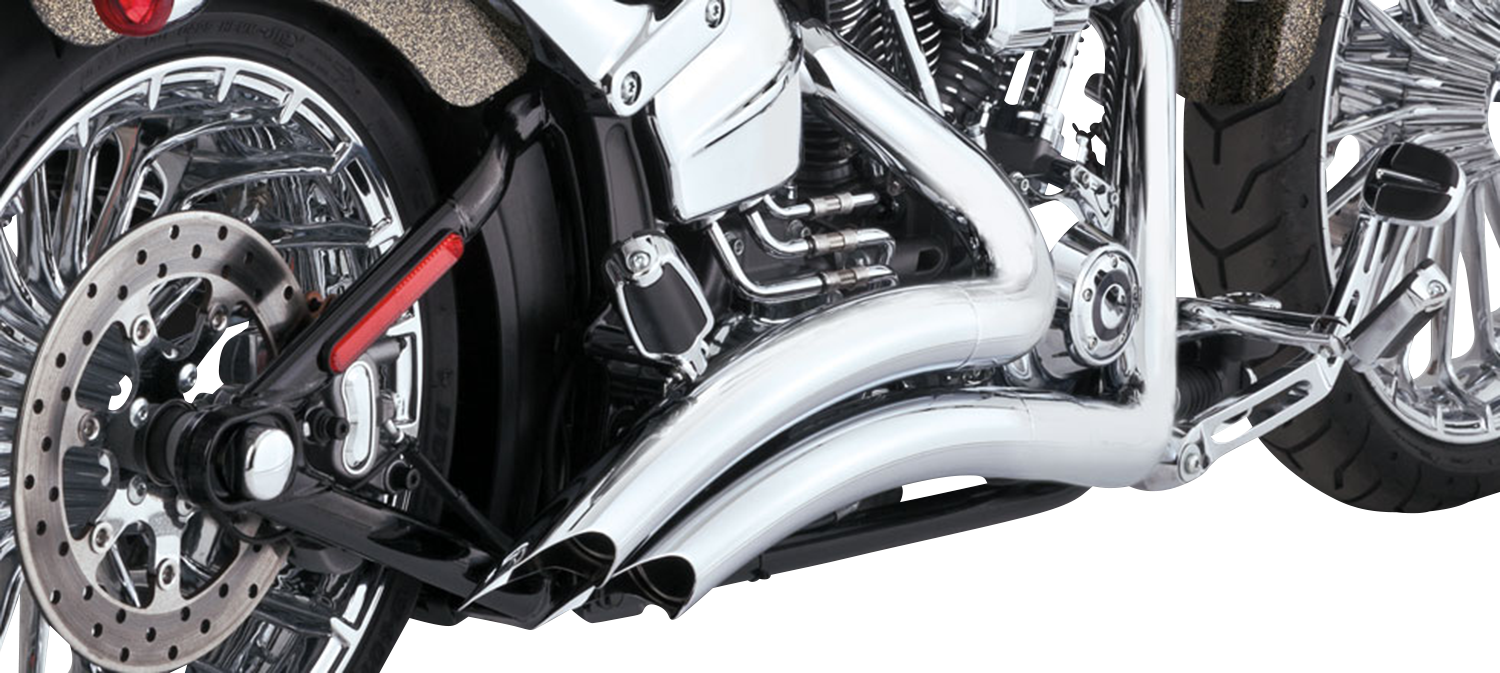 Vance & Hines Big Radius exhaust system with chrome finish, featuring dual pipes and sleek chrome detailing on motorcycle exhaust
