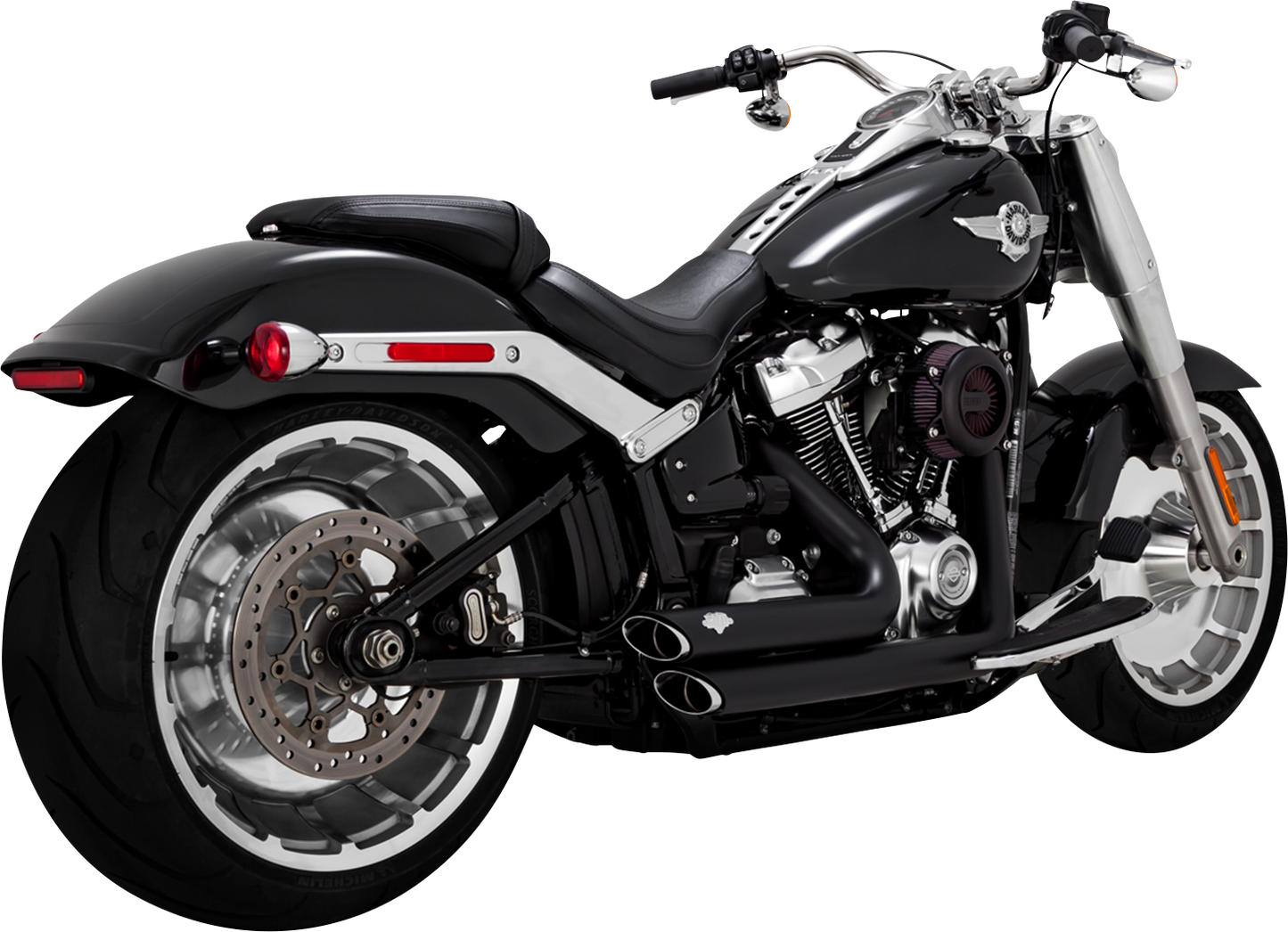 Vance & Hines Shortshots Staggered Exhaust System in matte black with PCX technology for motorcycle performance and style.