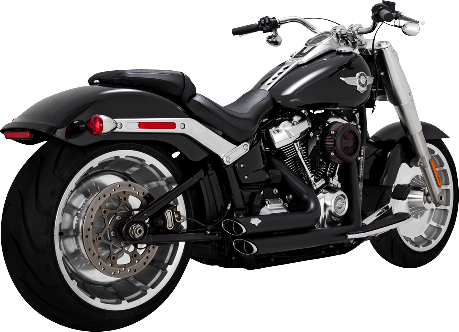 Vance & Hines Shortshots Staggered Exhaust System in matte black with PCX technology for motorcycle performance and style.