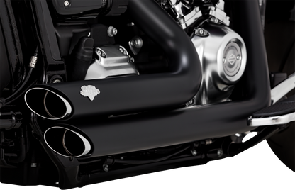 VANCE & HINES Shortshots Staggered Exhaust System in matte black with PCX technology on motorcycle.