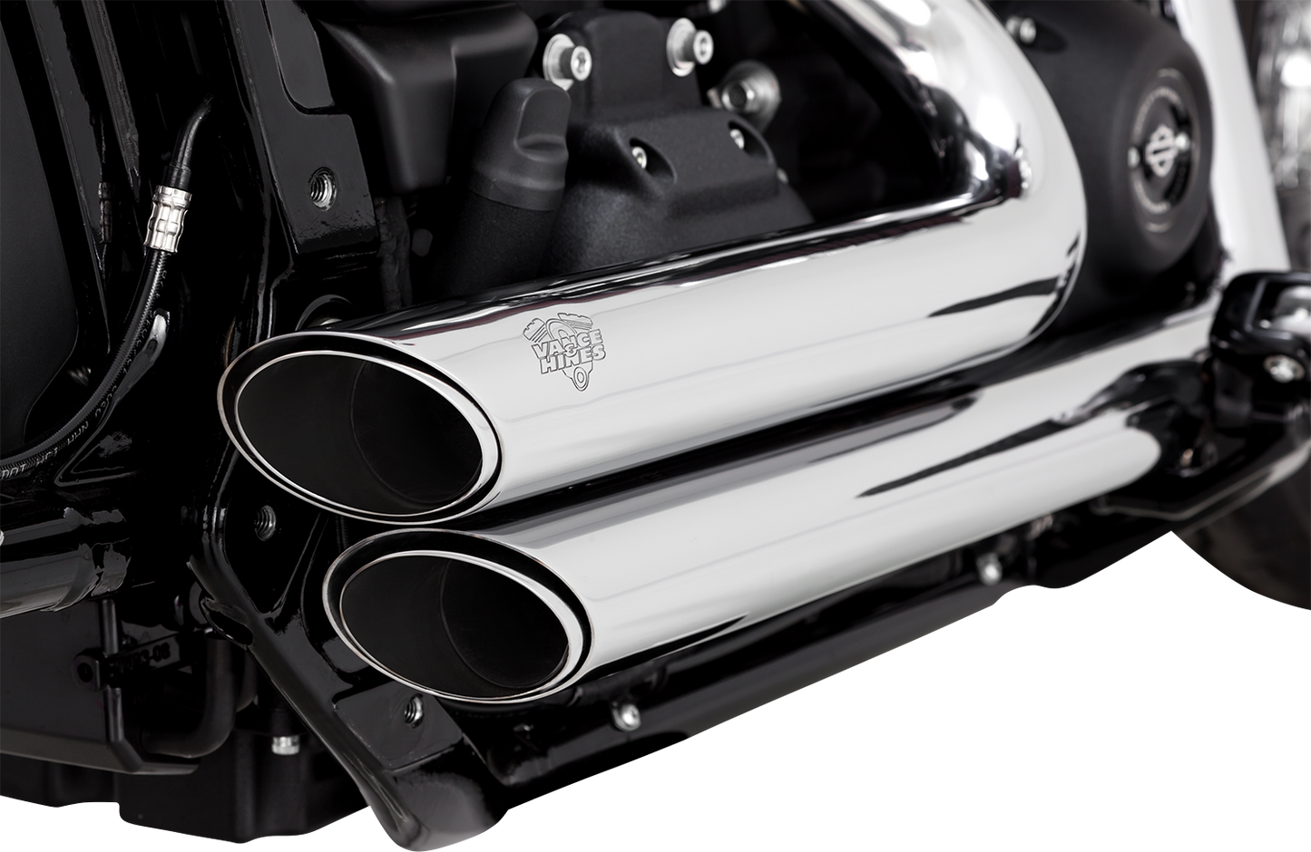 VANCE & HINES Shortshots Staggered Chrome Exhaust System for motorcycles, featuring dual short, staggered pipes and chrome finish.