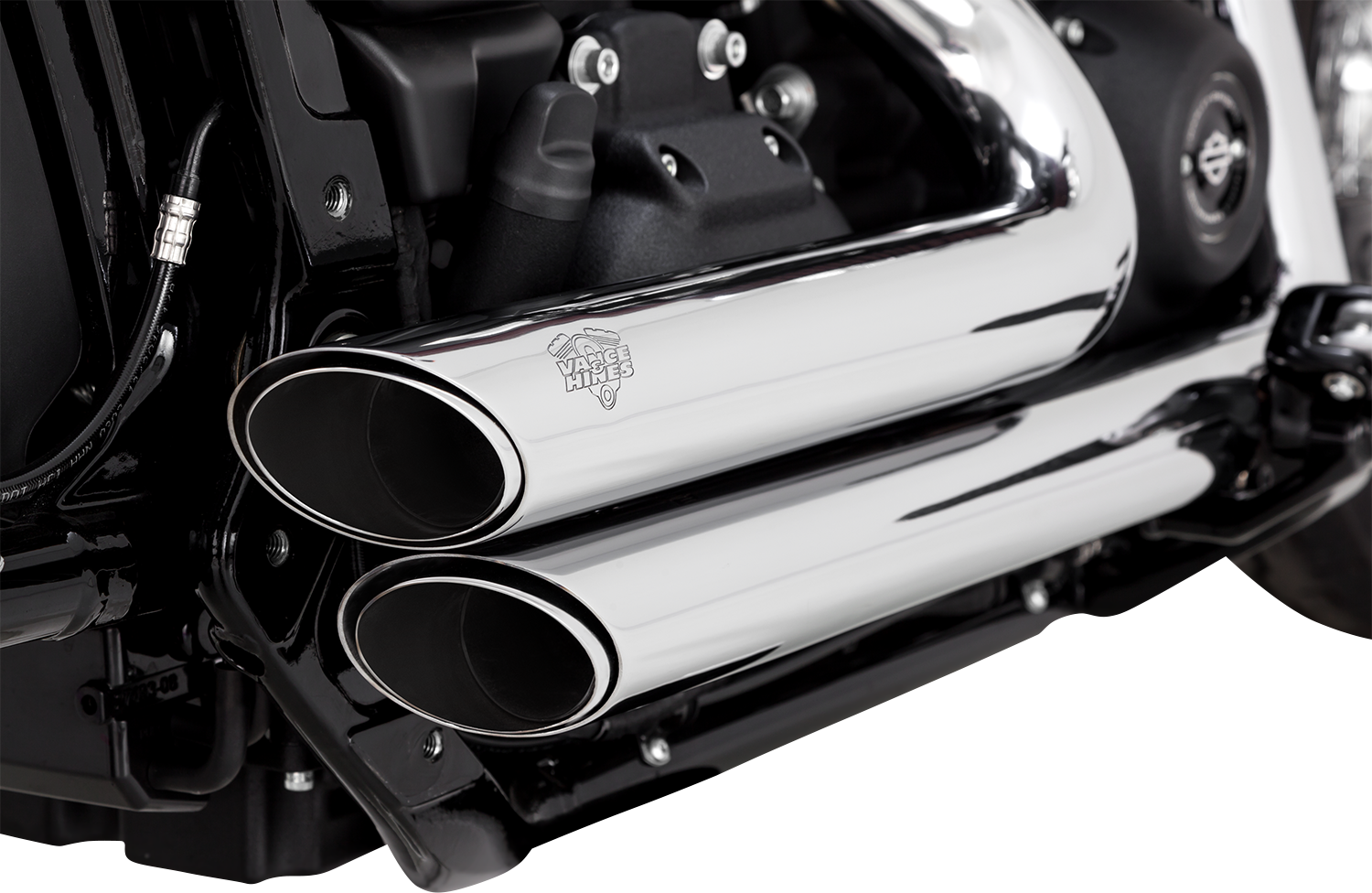 VANCE & HINES Shortshots Staggered Chrome Exhaust System for motorcycles, featuring dual short, staggered pipes and chrome finish.