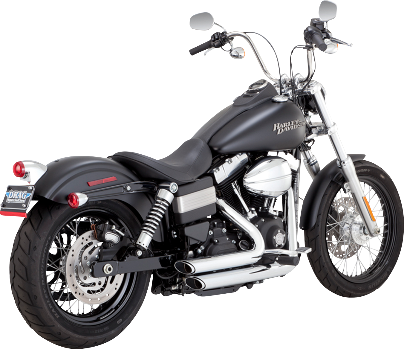 VANCE & HINES Shortshots Staggered exhaust system with chrome finish mounted on a motorcycle engine.