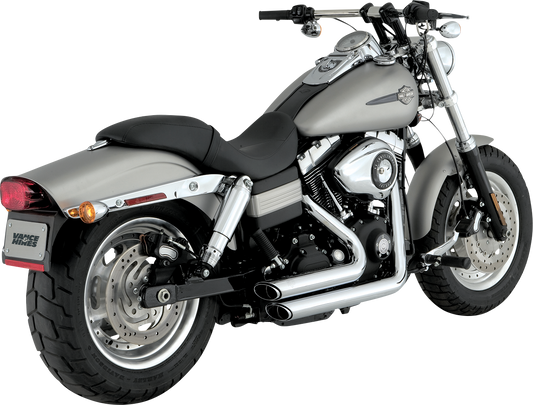 Vance & Hines Shortshots Staggered exhaust system in chrome for motorcycles, featuring dual pipes and chrome finish.
