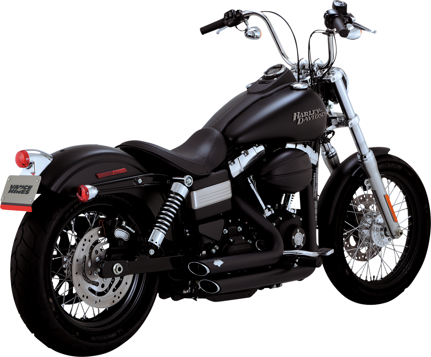 Vance & Hines Shortshots Staggered Exhaust System in matte black with PCX technology for motorcycle performance and style.