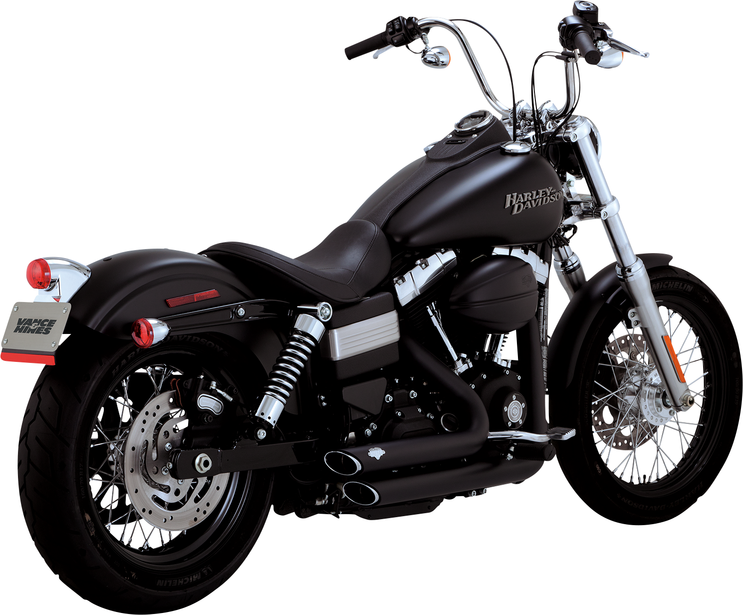 Vance & Hines Shortshots Staggered Exhaust System in matte black with PCX technology for motorcycle performance and style.