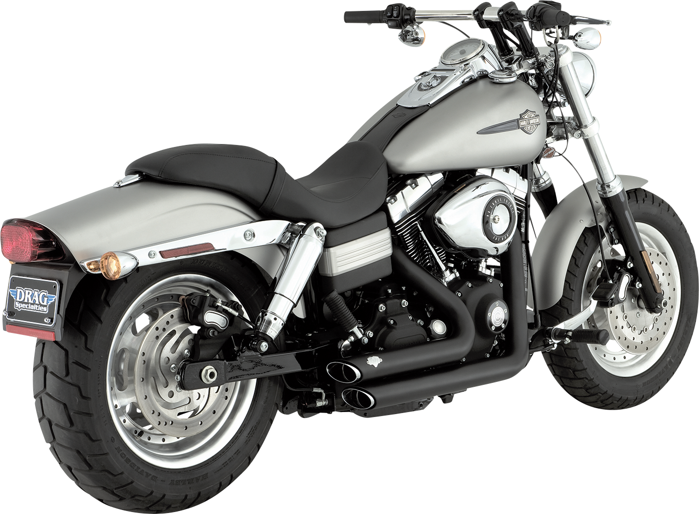 Vance & Hines Shortshots Staggered Exhaust System with PCX Technology in matte black for motorcycle, front and side view.