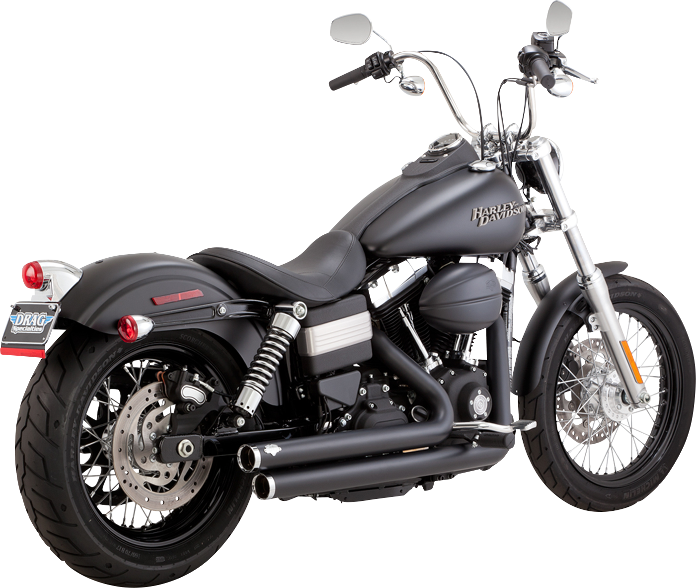 Black VANCE & HINES Big Shots Staggered Exhaust System for motorcycles, featuring sleek, matte black finish and dual exhaust pipes.