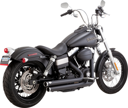 Black VANCE & HINES Big Shots Staggered Exhaust System for motorcycles, featuring sleek, matte black finish and dual exhaust pipes.