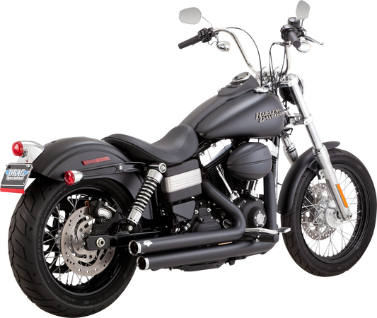Black VANCE & HINES Big Shots Staggered Exhaust System for motorcycles, featuring sleek, matte black finish and dual exhaust pipes.