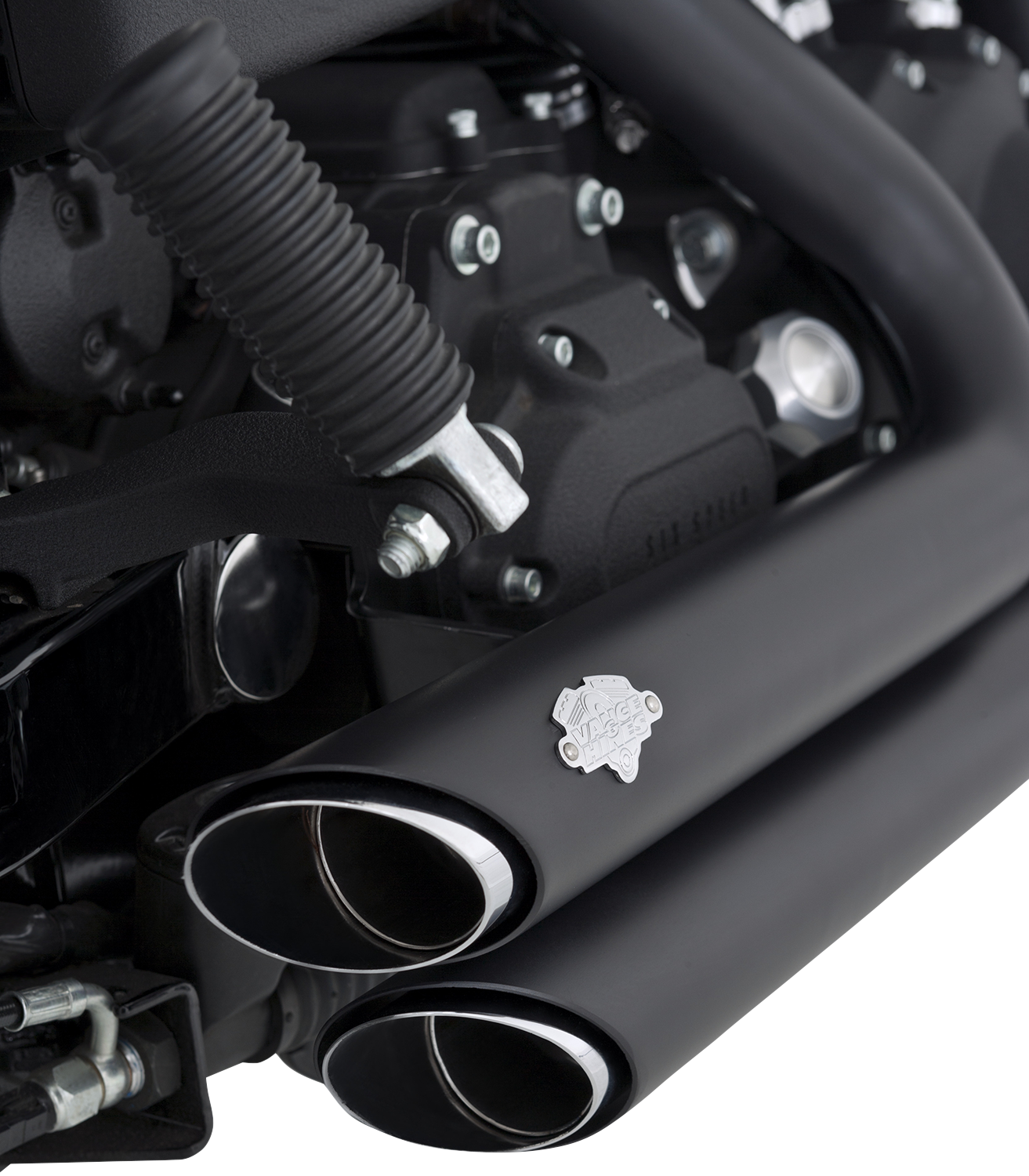 VANCE & HINES Shortshots Staggered Exhaust System with PCX™ Technology in matte black for motorcycle performance and style.