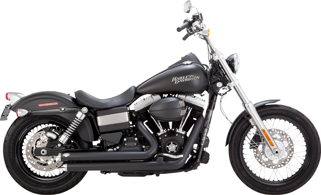 Black Vance & Hines Big Shots staggered exhaust system with chrome tips for motorcycle, part #47338, showcases sleek, high-performance design.